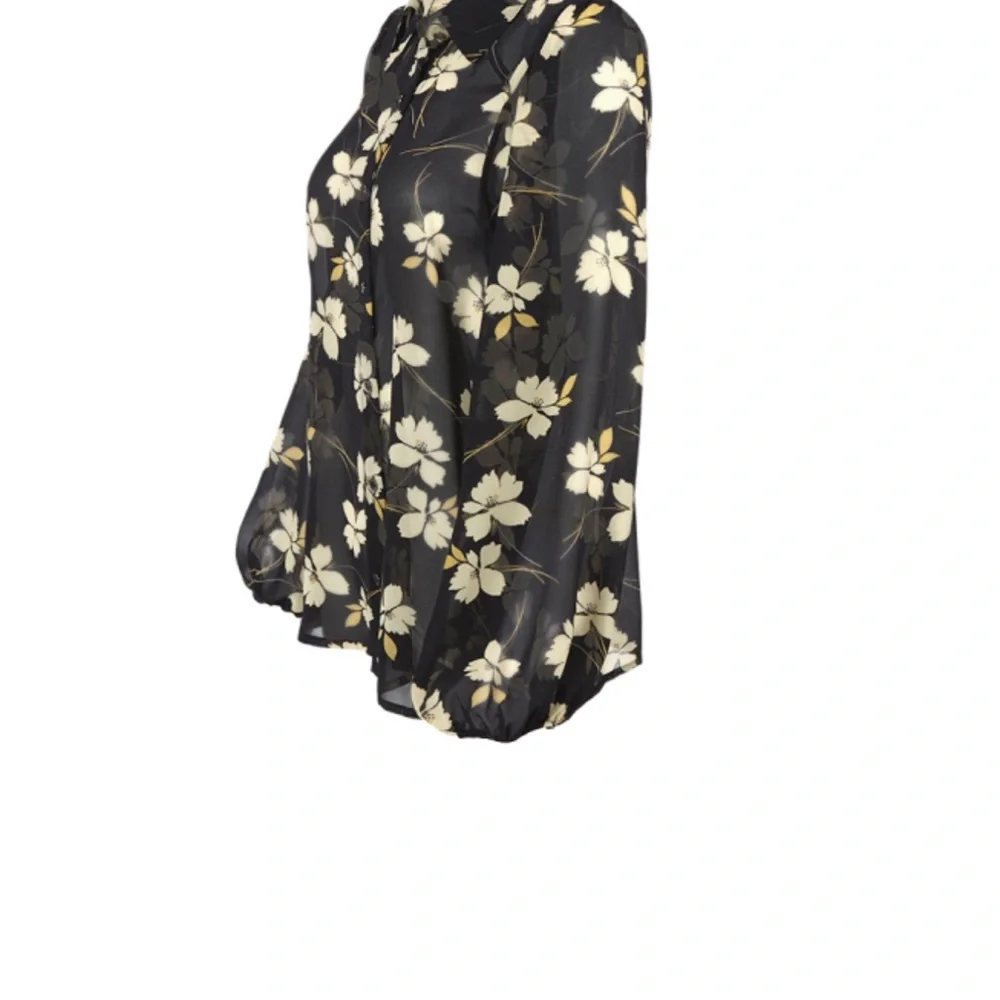 CAbi Black and White Floral Sheer Blouse with Notched Collar - Picture 5 of 6